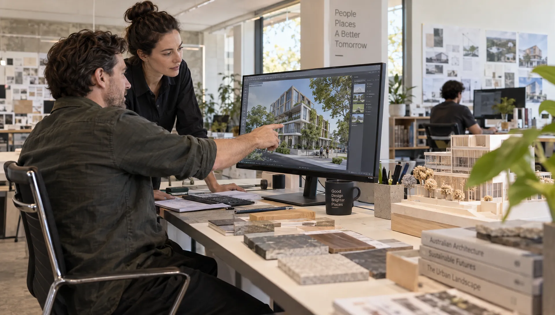 An architecture studio team reviews an AI-assisted building model alongside material samples and a physical scale model.