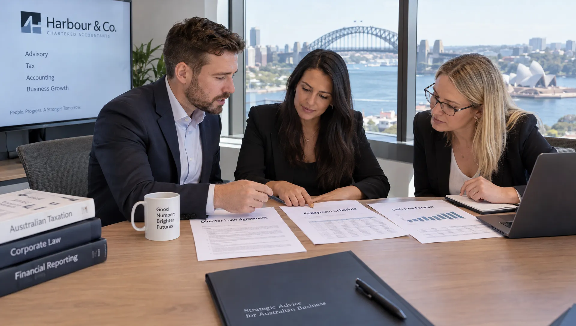 An Australian accounting team examines a director loan agreement, repayment schedule and cash-flow forecast together at a meeting table.