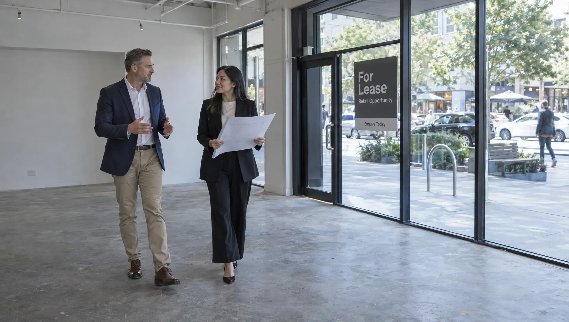An Australian director and local adviser inspect a shop space while discussing overseas expansion and tax planning.