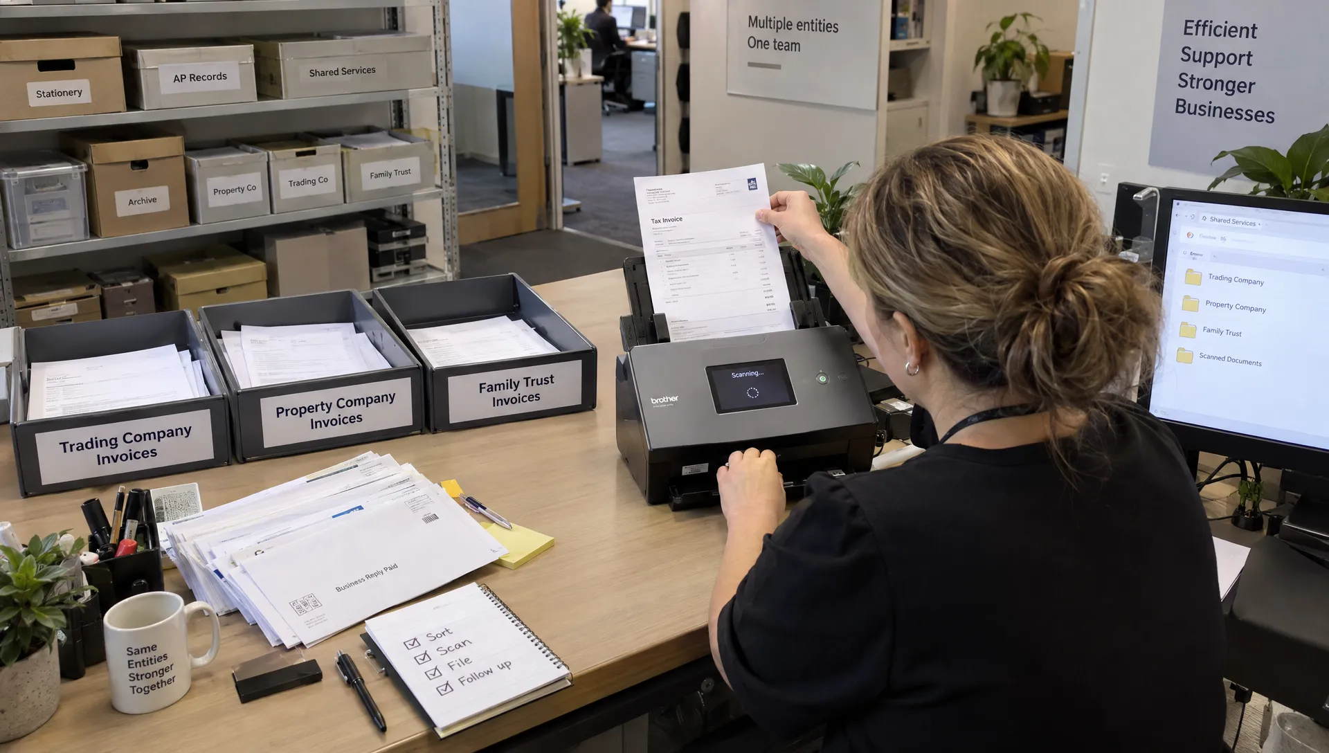An employee sorts and scans incoming invoices into separate entity trays as part of organised bookkeeping for a multi-entity group.