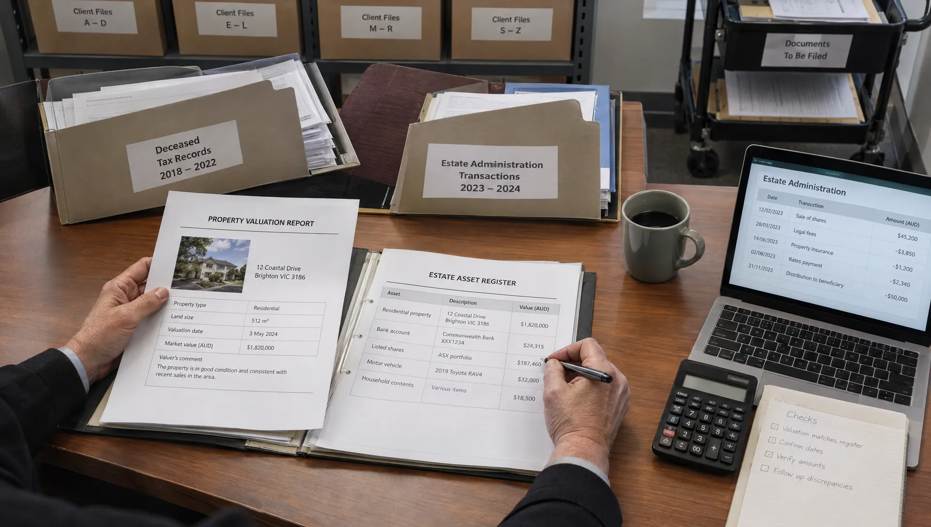 An executor matches a property valuation report to an estate asset register, separating personal tax records from estate transactions.
