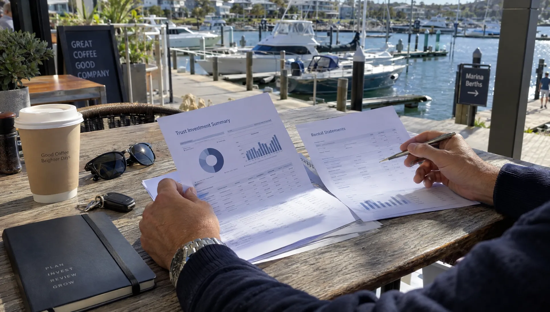an-investor-reviews-trust-property-and-investment–1c9fa63a-1792018286267 An investor reviews trust property and investment statements at a marina café table beside boats and everyday belongings.