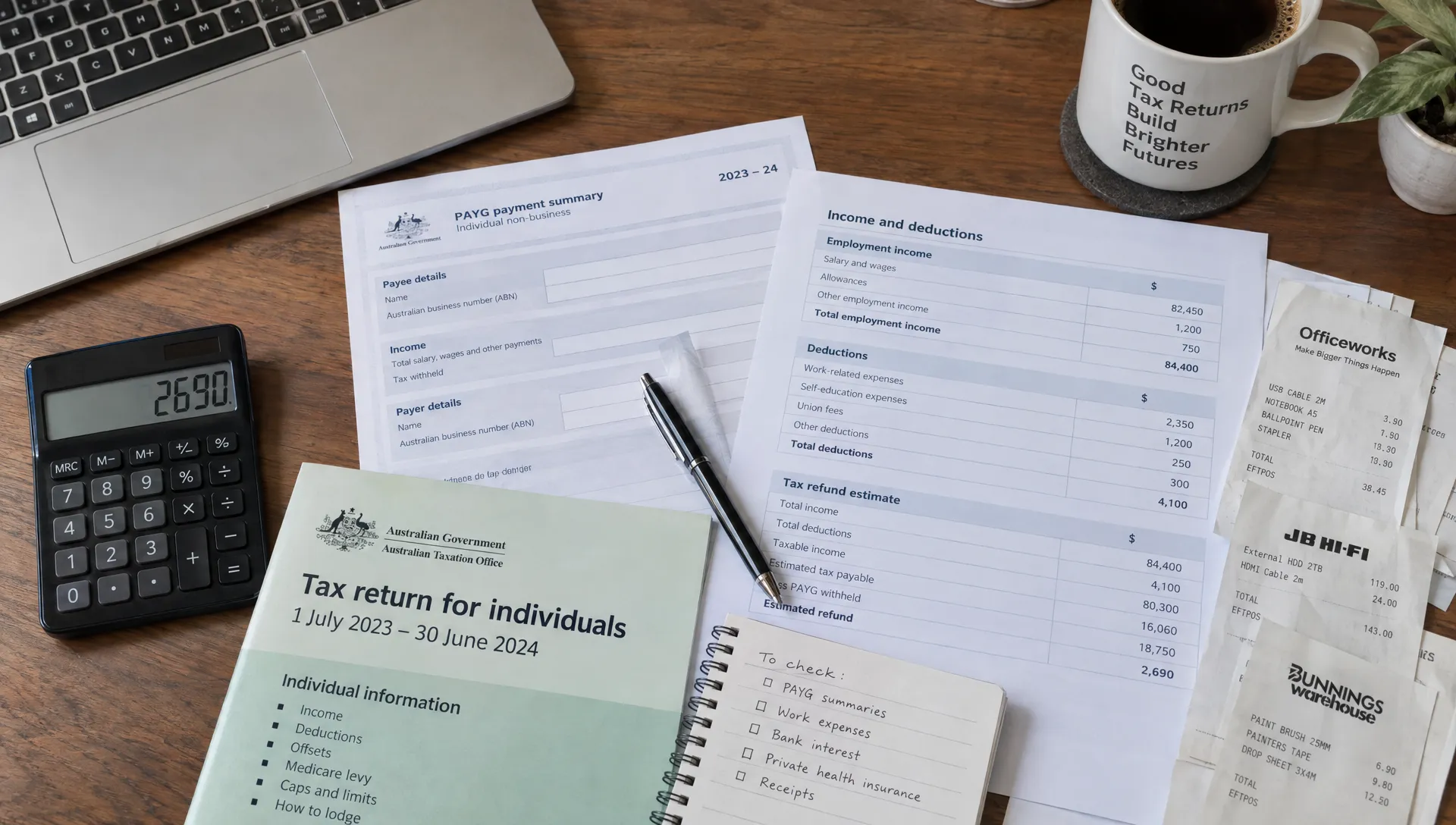 An overhead view of a tax refund estimate in progress, with PAYG credit records, income and deduction schedules, a calculator and business receipts arranged for reconciliation.