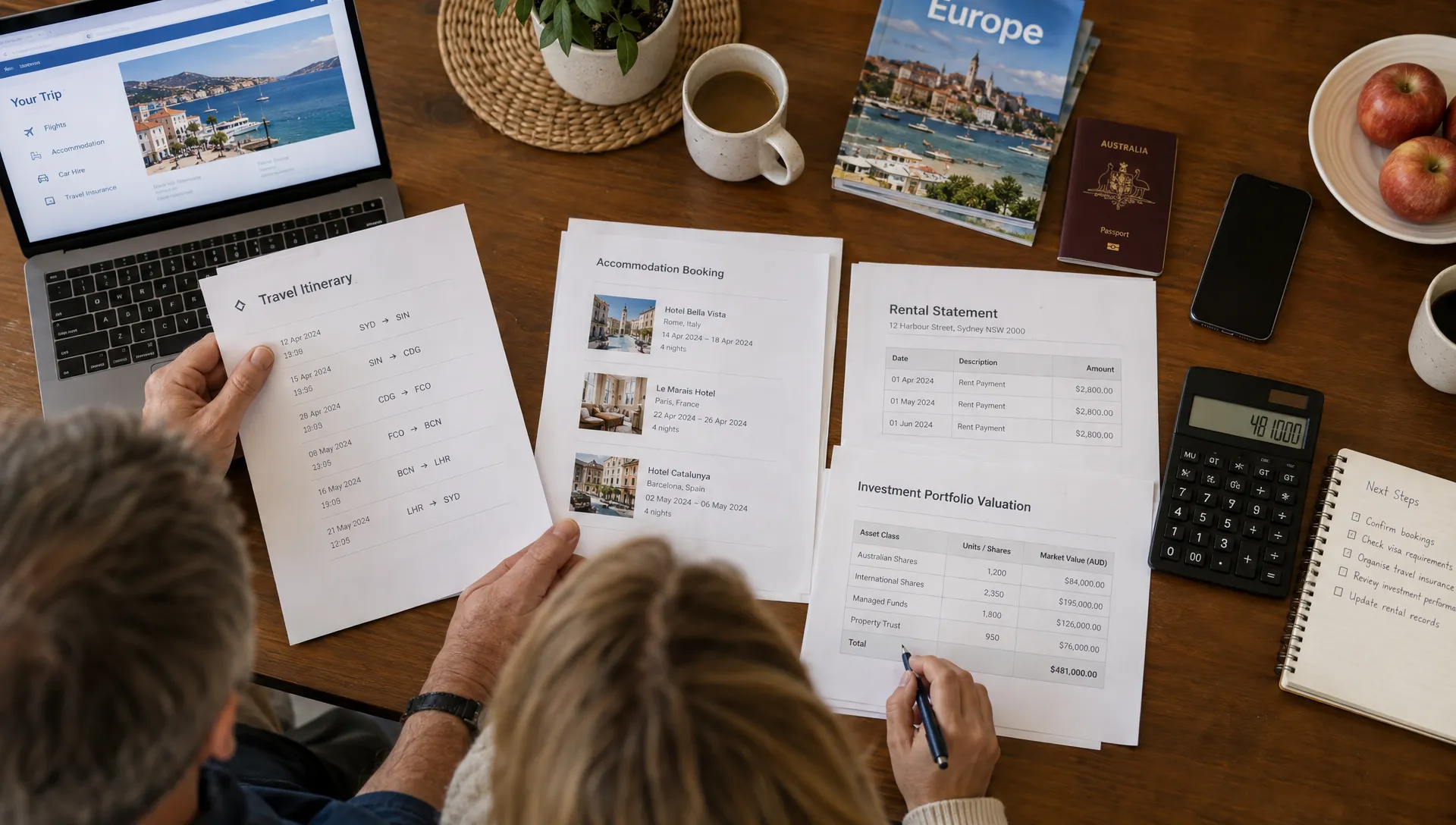 An overhead view of travel dates, overseas accommodation evidence, Australian rental statements and investment valuations being reviewed together on a dining table.