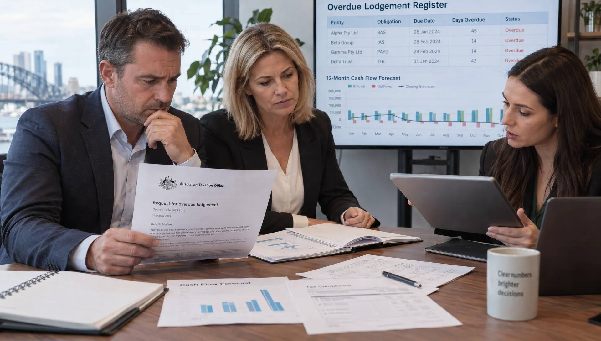 Company directors and an accounting adviser review an overdue lodgement register, ATO correspondence and a cash-flow forecast to assess late tax filing risks.