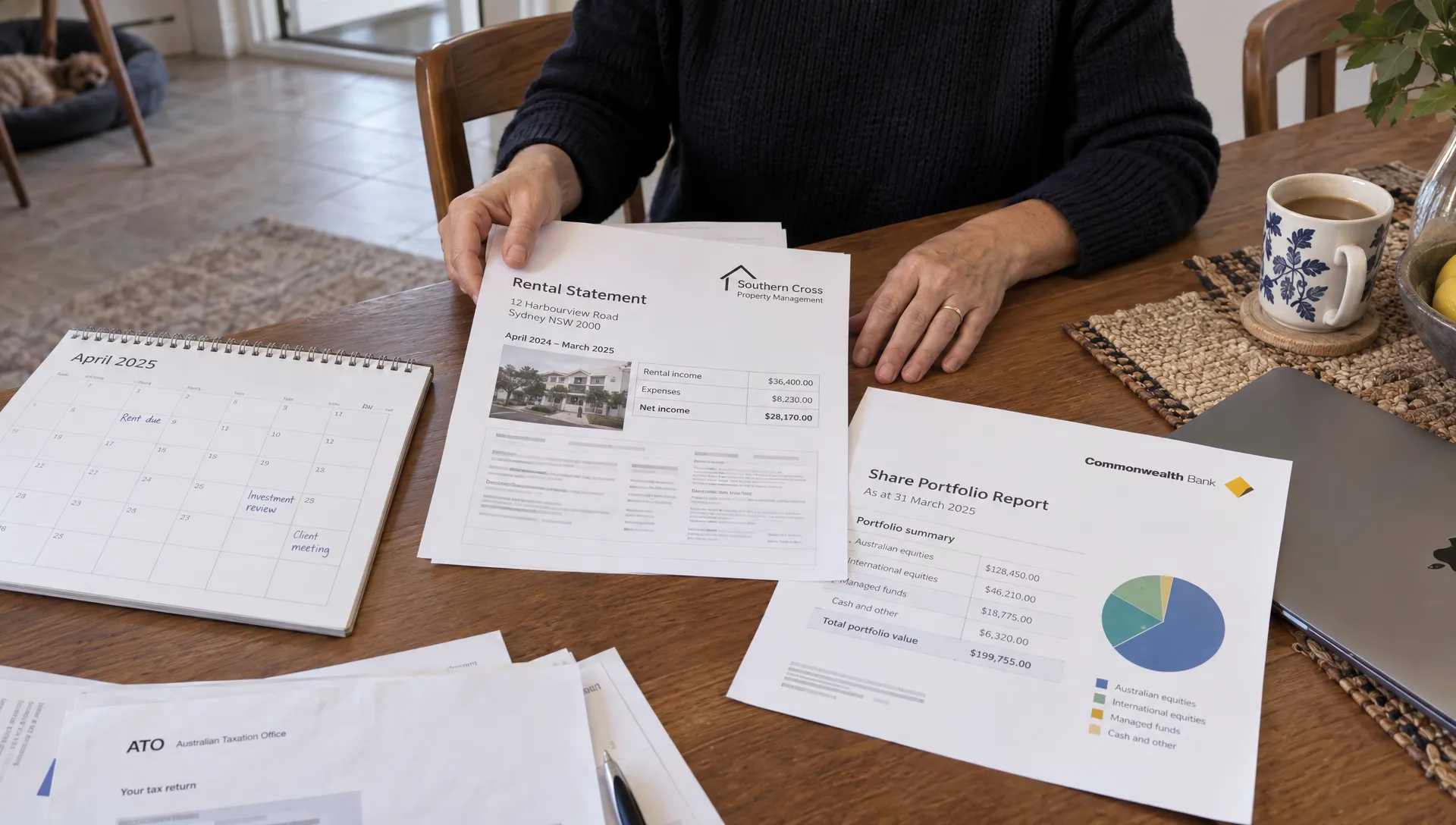 Hands organise travel dates, a rental statement and investment records for an Australian tax return prepared from overseas.