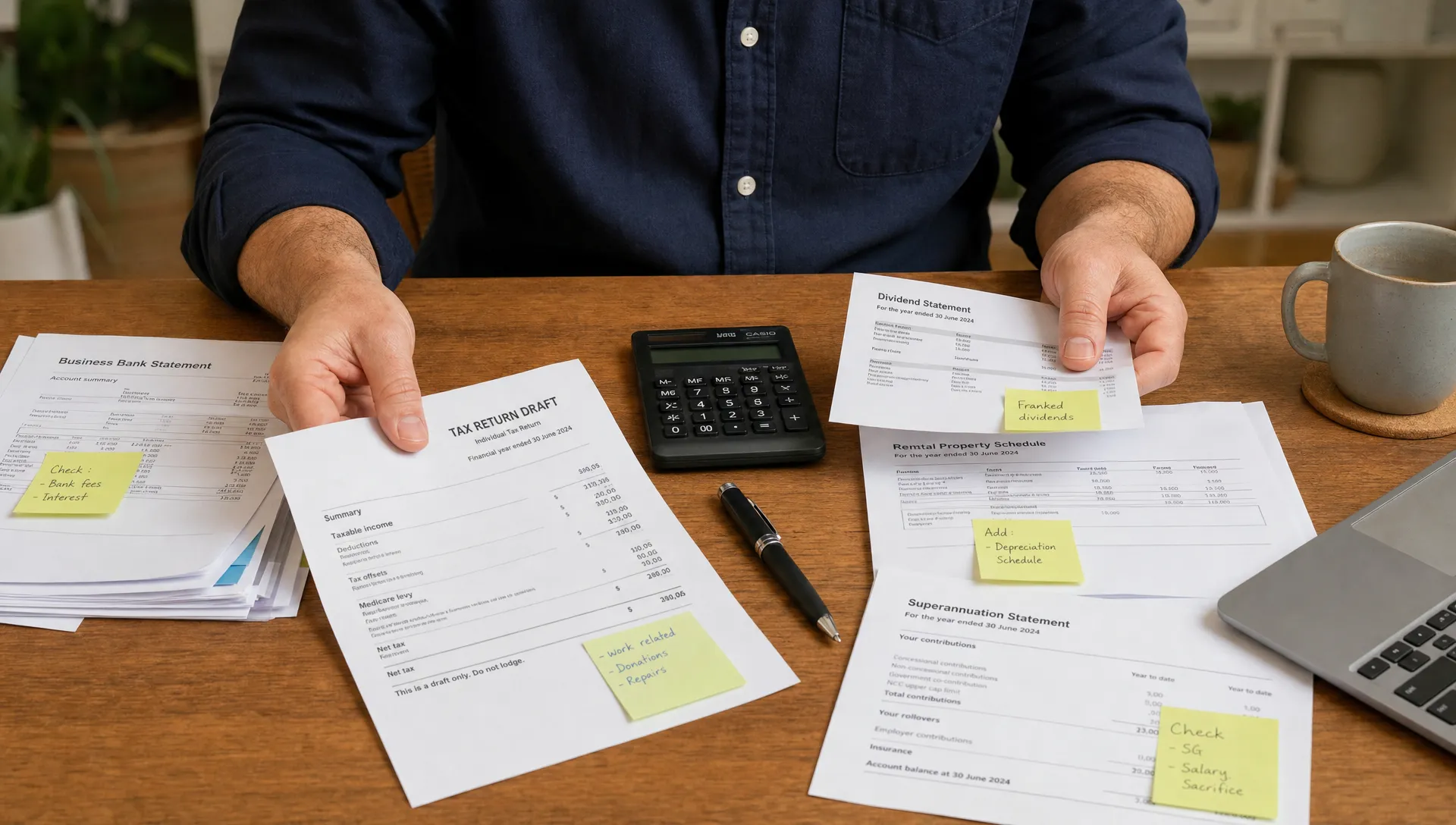 hands-sort-a-tax-return-draft-with-bank-statements-9a9cbb8e-1790808586791 Hands sort a tax return draft with bank statements, dividend papers and superannuation records on a desk.