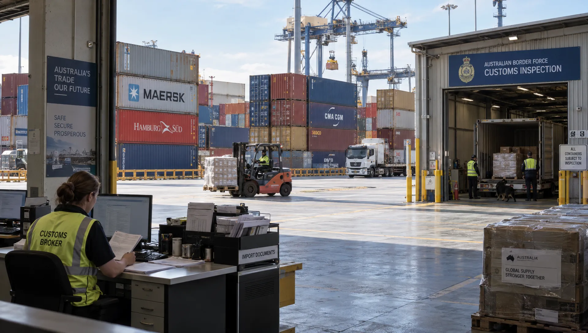 Imported cargo moves through an Australian freight terminal, where customs clearance and import GST records connect to business stock.