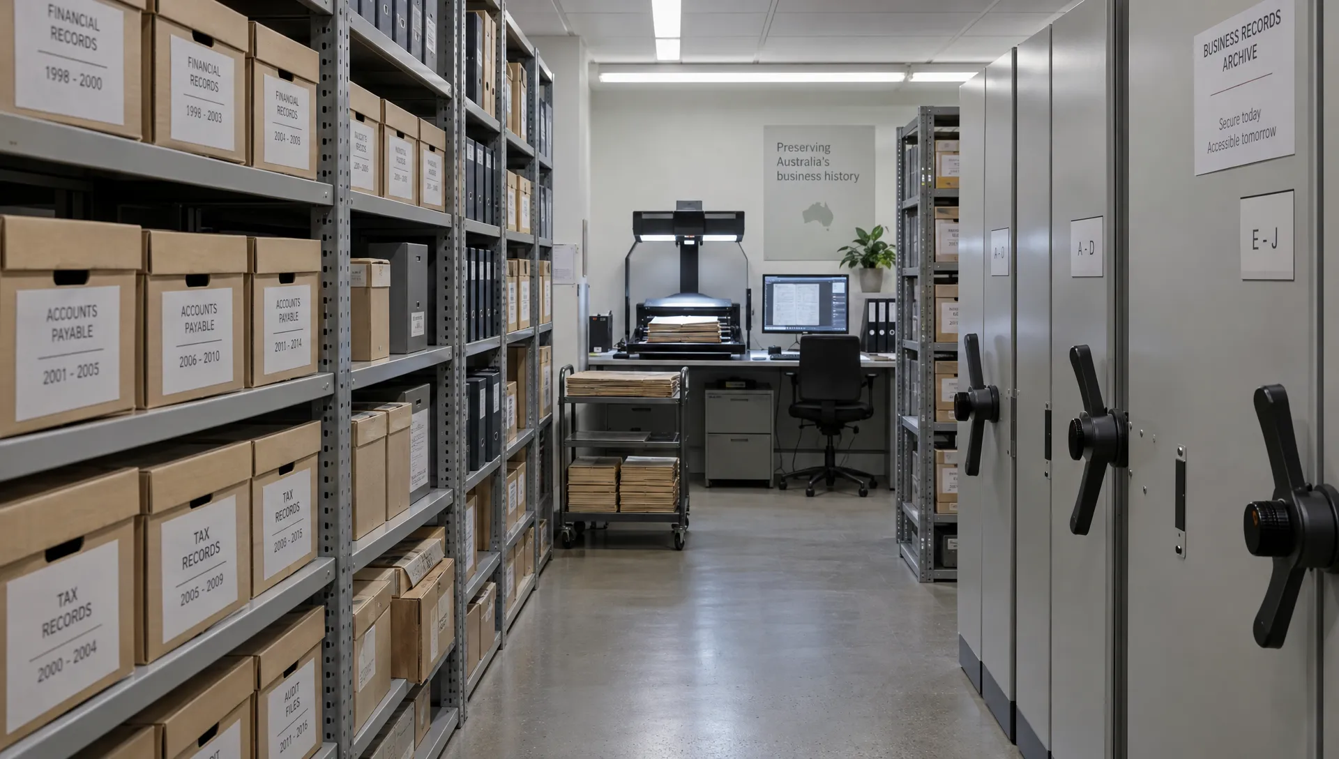 shelves-of-archived-business-records-lead-to-a-sca-a0dd1a21-1792478607415 Shelves of archived business records lead to a scanning station used to recover documents for overdue tax returns.