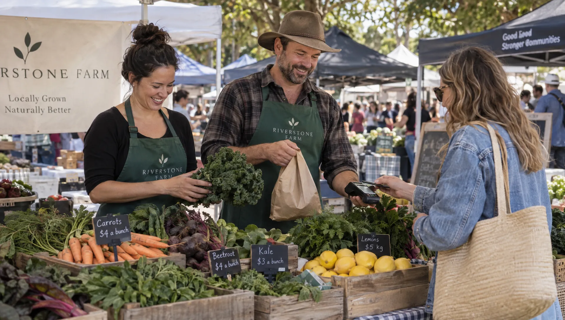 two-business-partners-sell-produce-at-a-market-sta-5bba30ed-1793056245432 Two business partners sell produce at a market stall, handling a customer payment as part of their partnership income.